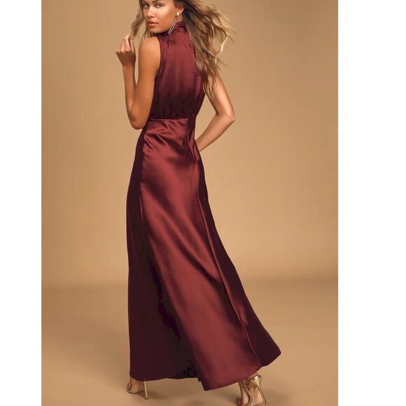Lulus Classic Elegance Wine Satin Maxi Dress Wine Size XXS NWOT - Picture 2 of 6
